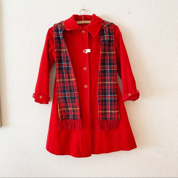 80s Vintage Children’s Kids Rothschild Red Plaid Fit Flare Wool Coat Jacket - Picture 1 of 7